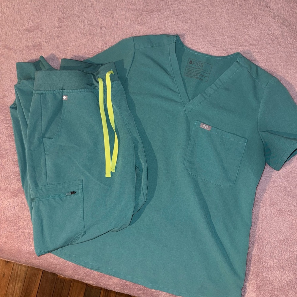 Figs Teal Scrub Set with Neon Yellow Drawstring